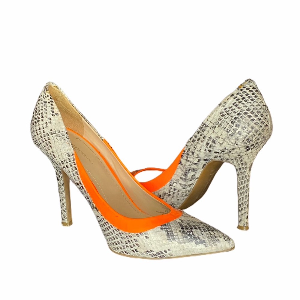 BCBGeneration 7 Ivory Snake Skin Orange Trim Heels